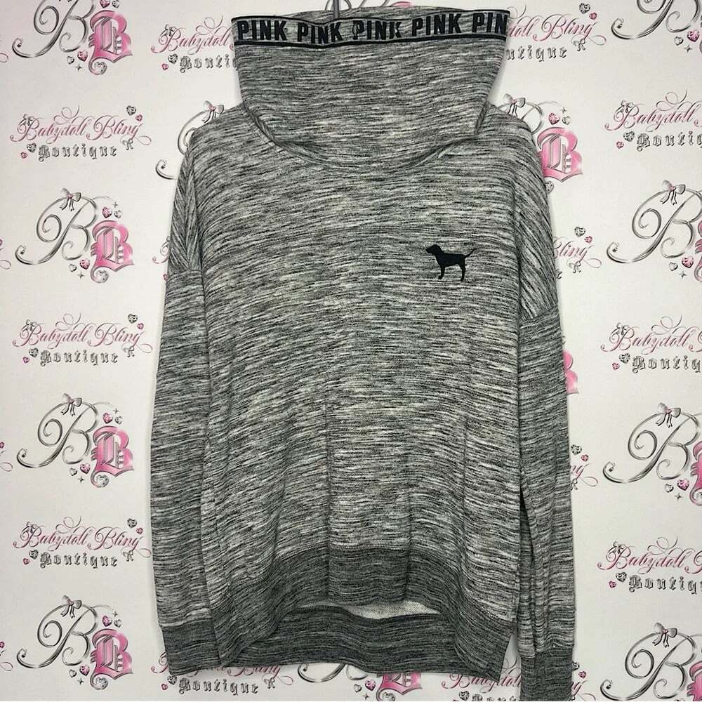 Victoria secret pink pull over hoodie sweater grey logo print neckline cozy